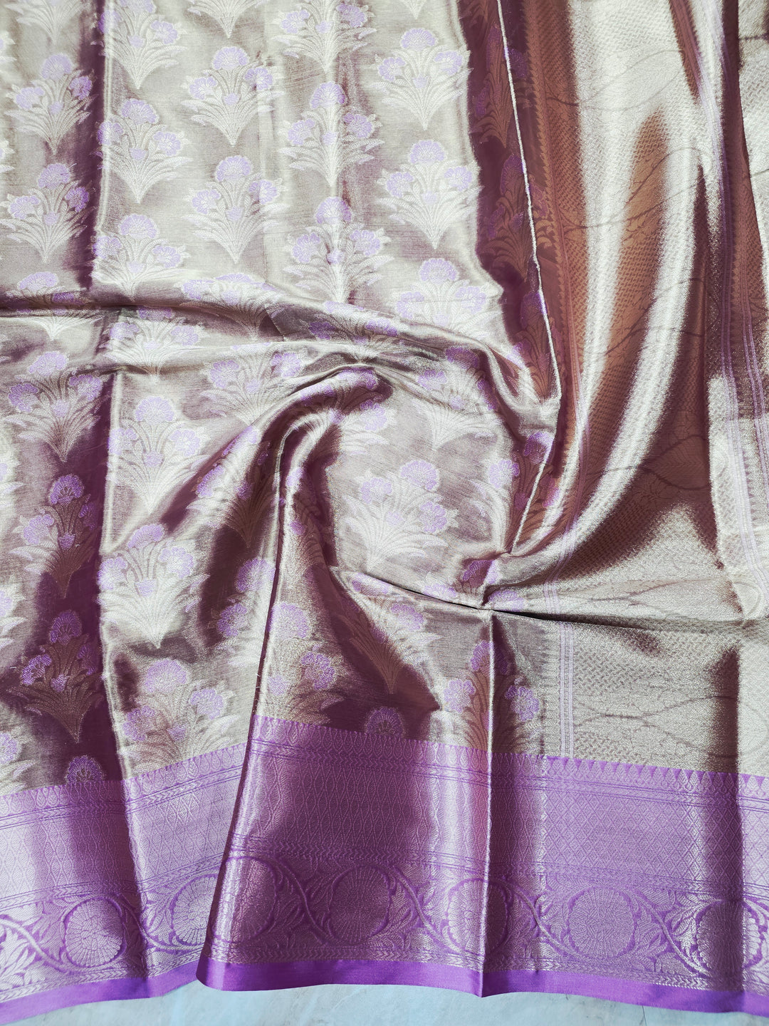 KASHMIRI TISUE IN GOLD ZARI WORK WITH LAVENDER BORDER
