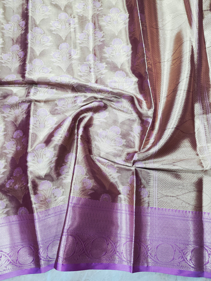 KASHMIRI TISUE IN GOLD ZARI WORK WITH LAVENDER BORDER