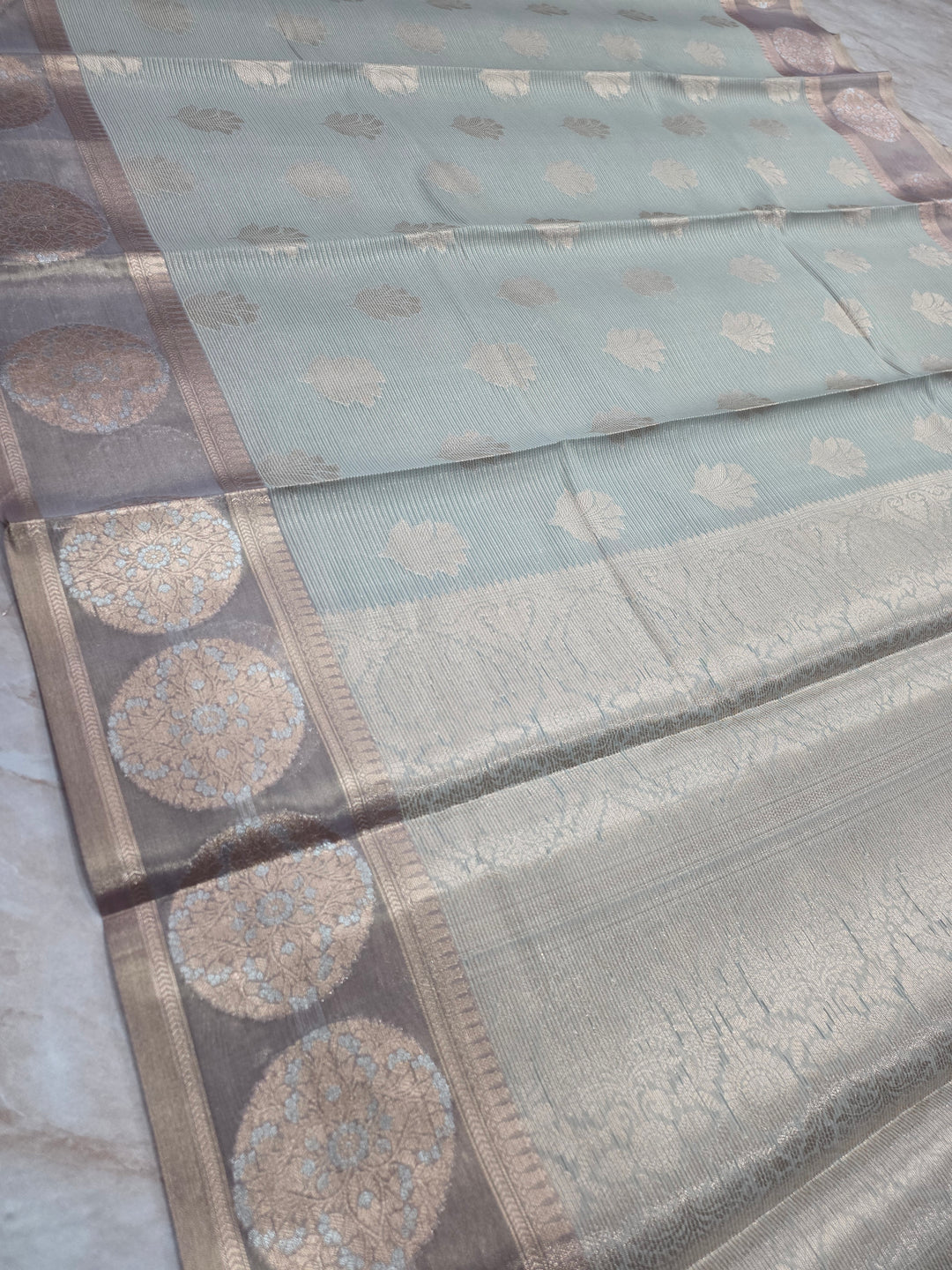 BANARASI SILK IN STEEL GREY WITH BROWN TISU BORDER
