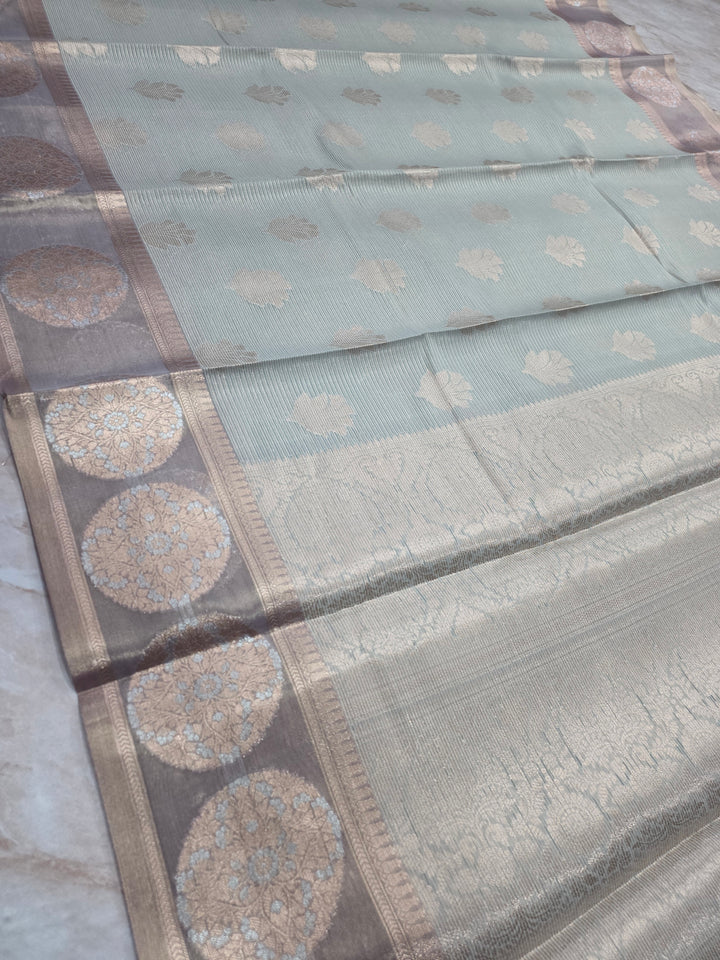 BANARASI SILK IN STEEL GREY WITH BROWN TISU BORDER