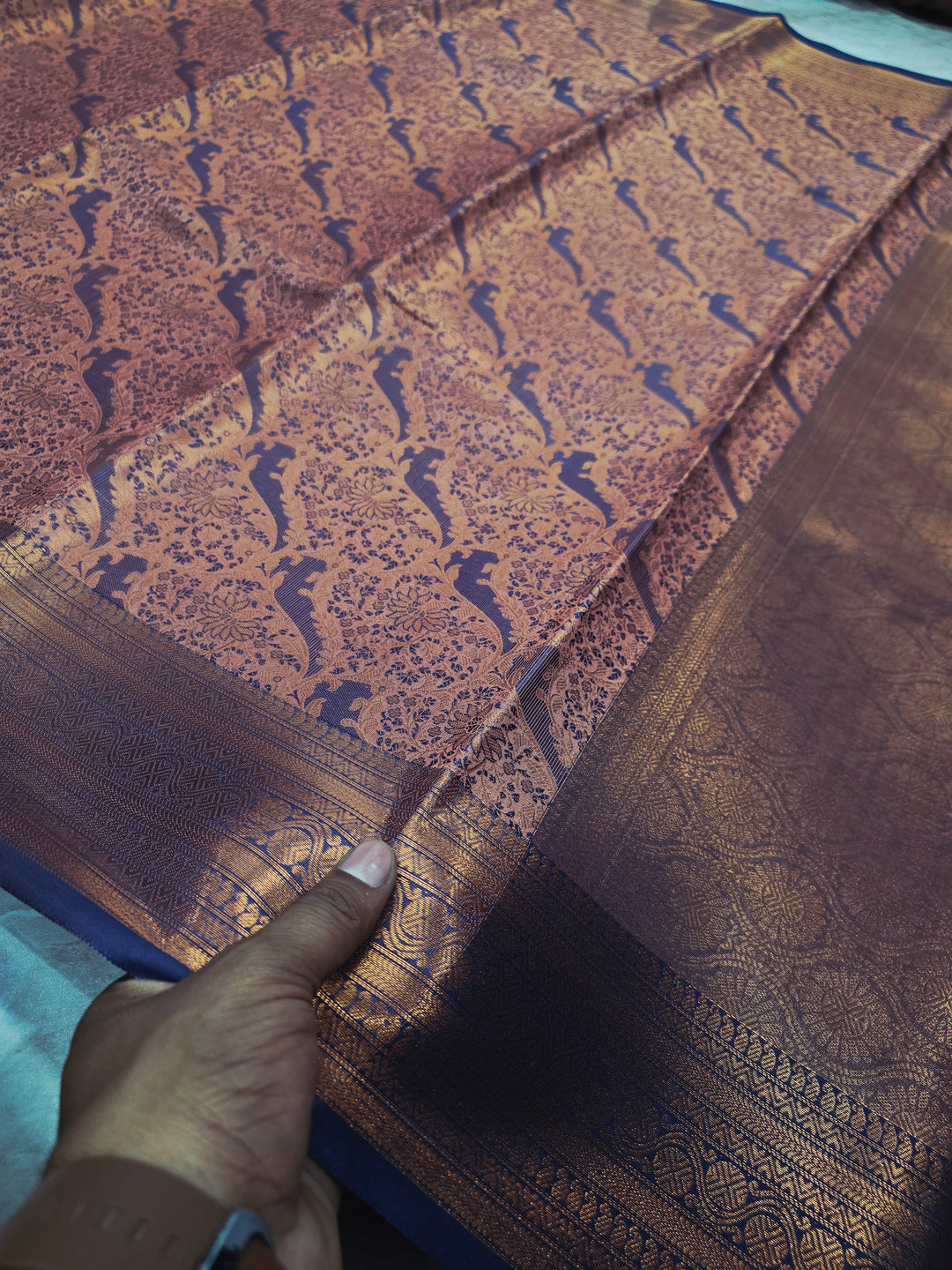 KASHMIRI IN DEEP BLUE WITH RUST COOUR RESHAM WORK