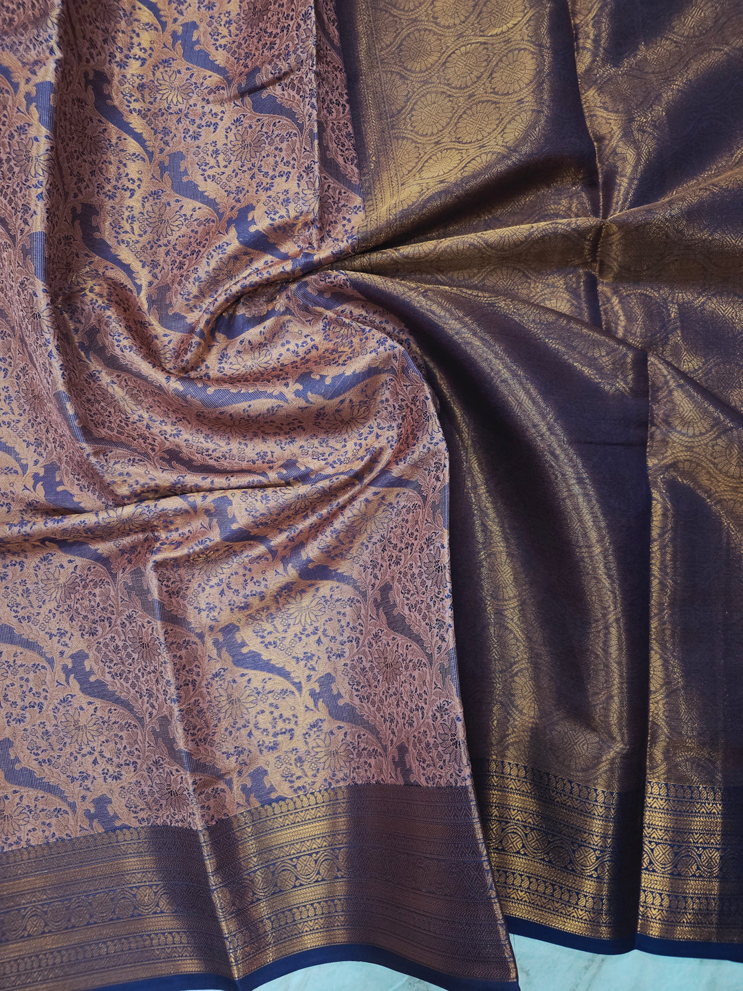 KASHMIRI IN DEEP BLUE WITH RUST COOUR RESHAM WORK