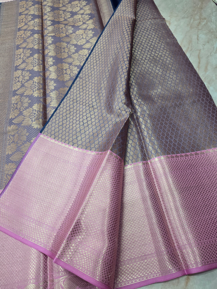BANARASI SILK IN GERMAN BLUE WITH LAVENDER BORDER