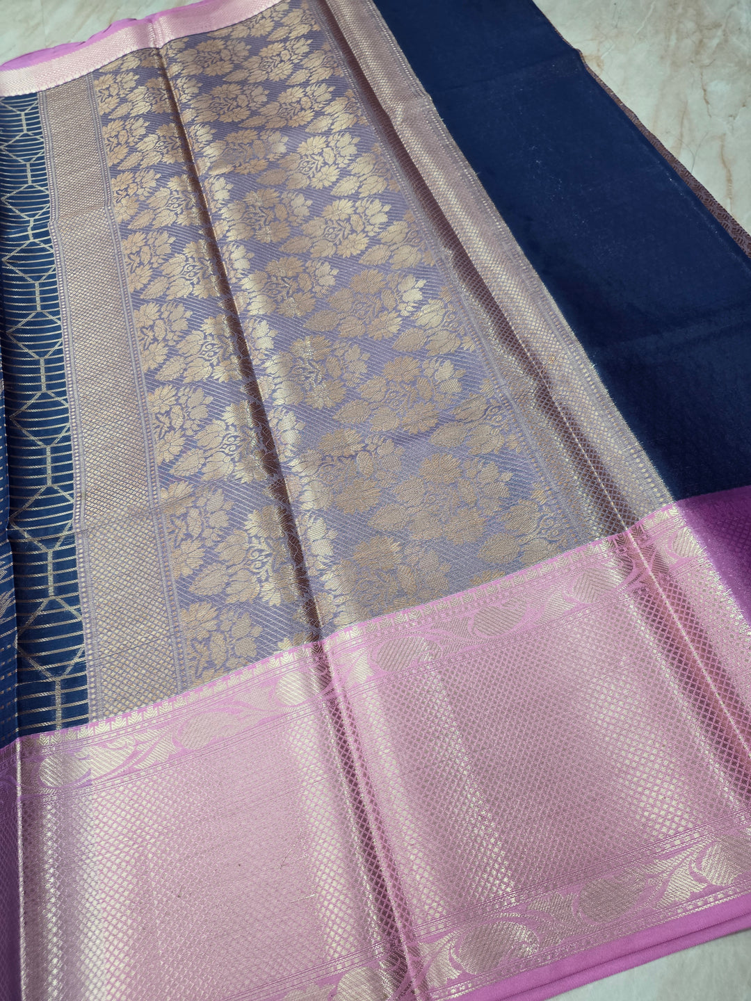 BANARASI SILK IN GERMAN BLUE WITH LAVENDER BORDER