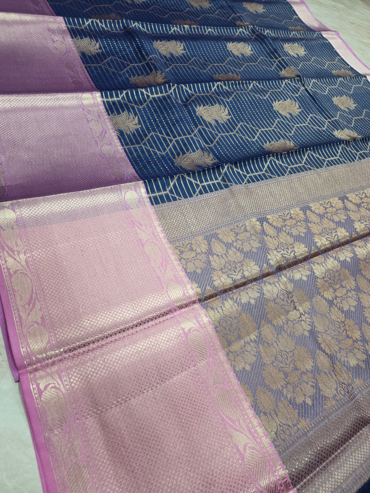 BANARASI SILK IN GERMAN BLUE WITH LAVENDER BORDER