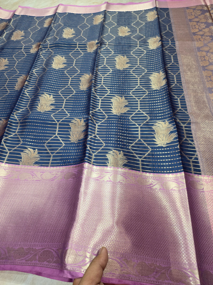 BANARASI SILK IN GERMAN BLUE WITH LAVENDER BORDER