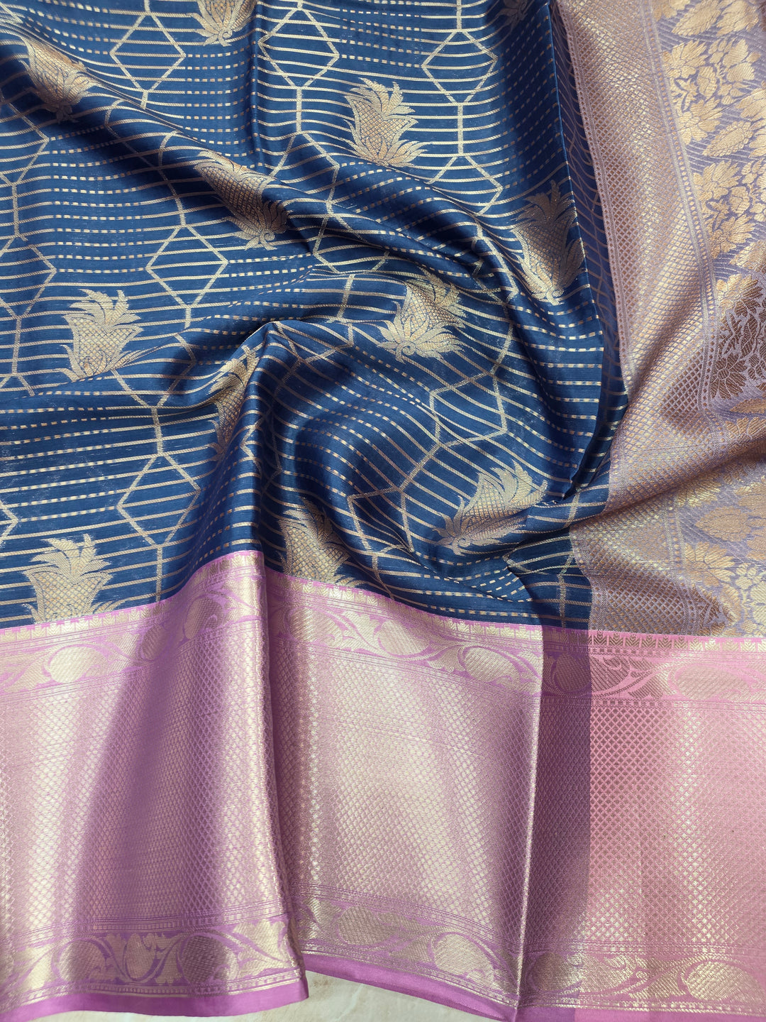 BANARASI SILK IN GERMAN BLUE WITH LAVENDER BORDER