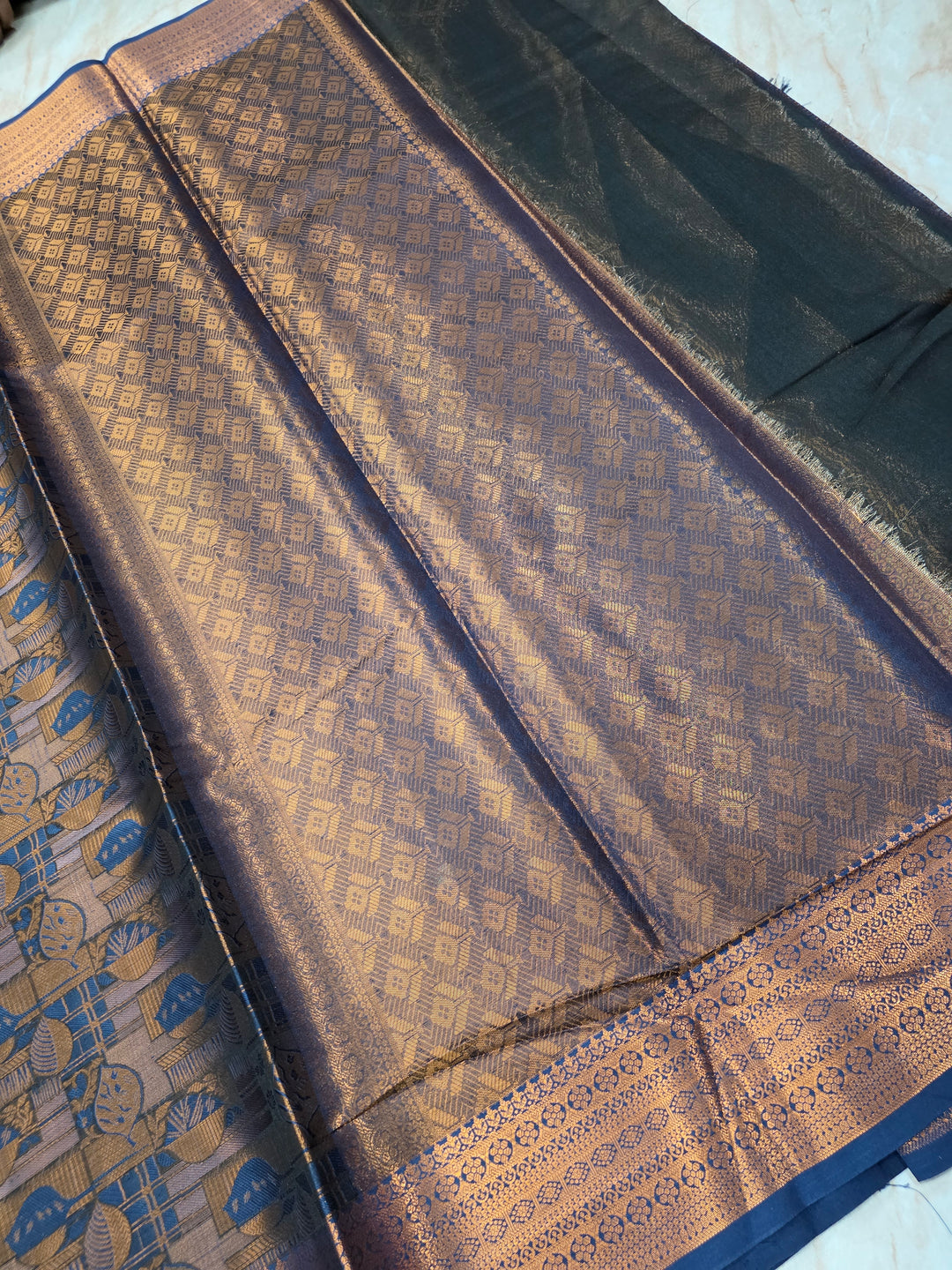 KASHMIRI ALFI IN DEEP BLUE WITH COPPER ZARI WORK