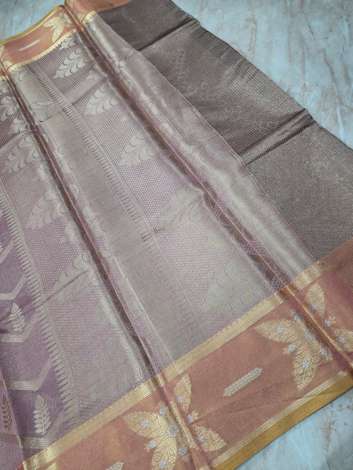 BANARASI SILK IN BROWN SHADE WITH GOLD ZARI WORK AND TISU BORDER