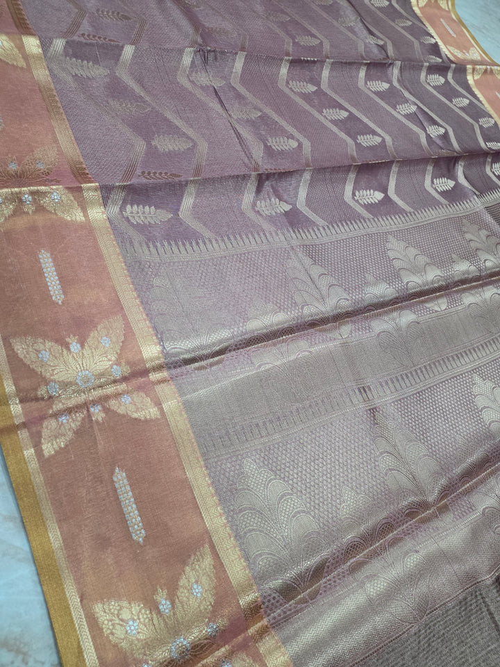 BANARASI SILK IN BROWN SHADE WITH GOLD ZARI WORK AND TISU BORDER