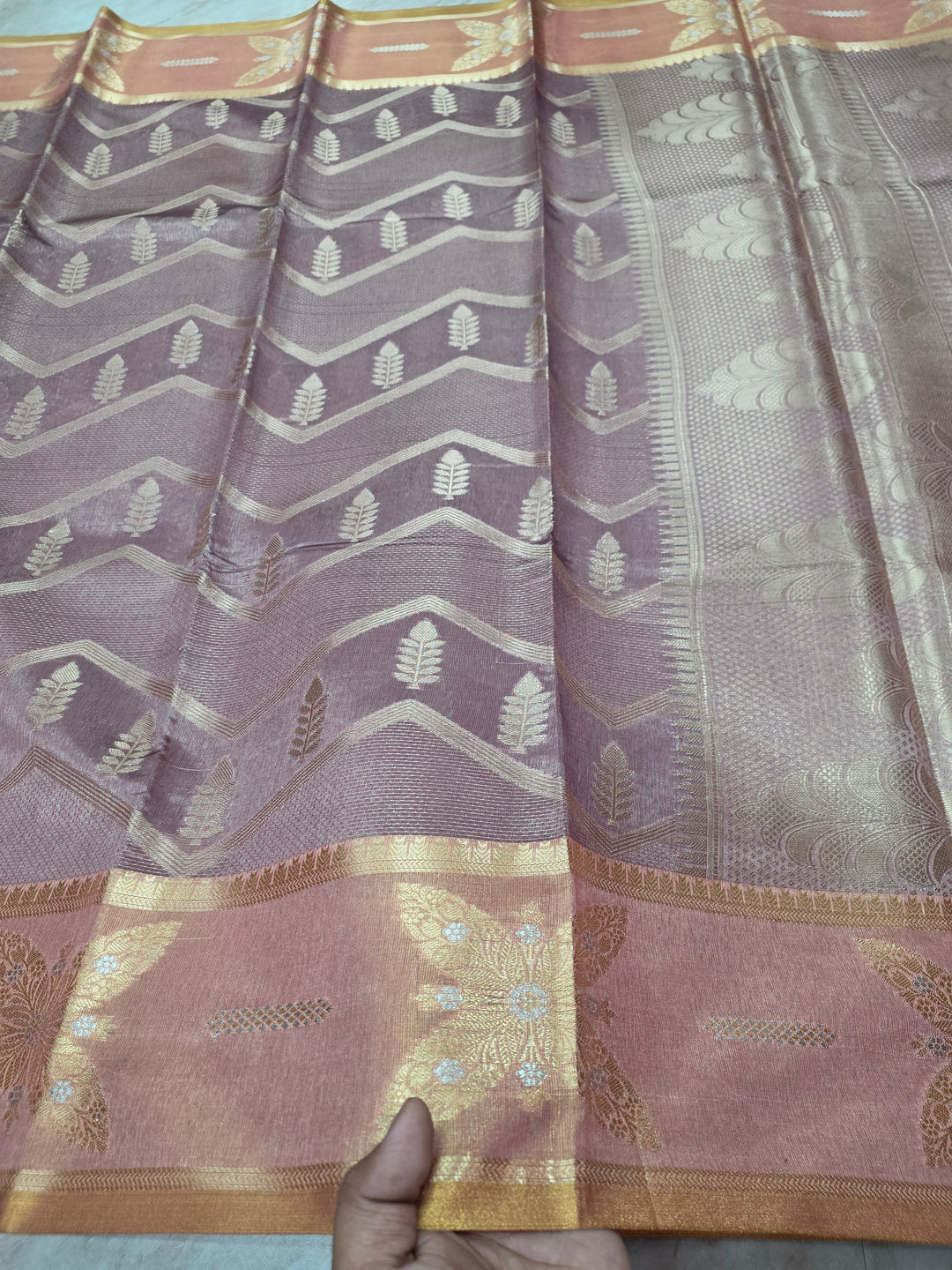 BANARASI SILK IN BROWN SHADE WITH GOLD ZARI WORK AND TISU BORDER