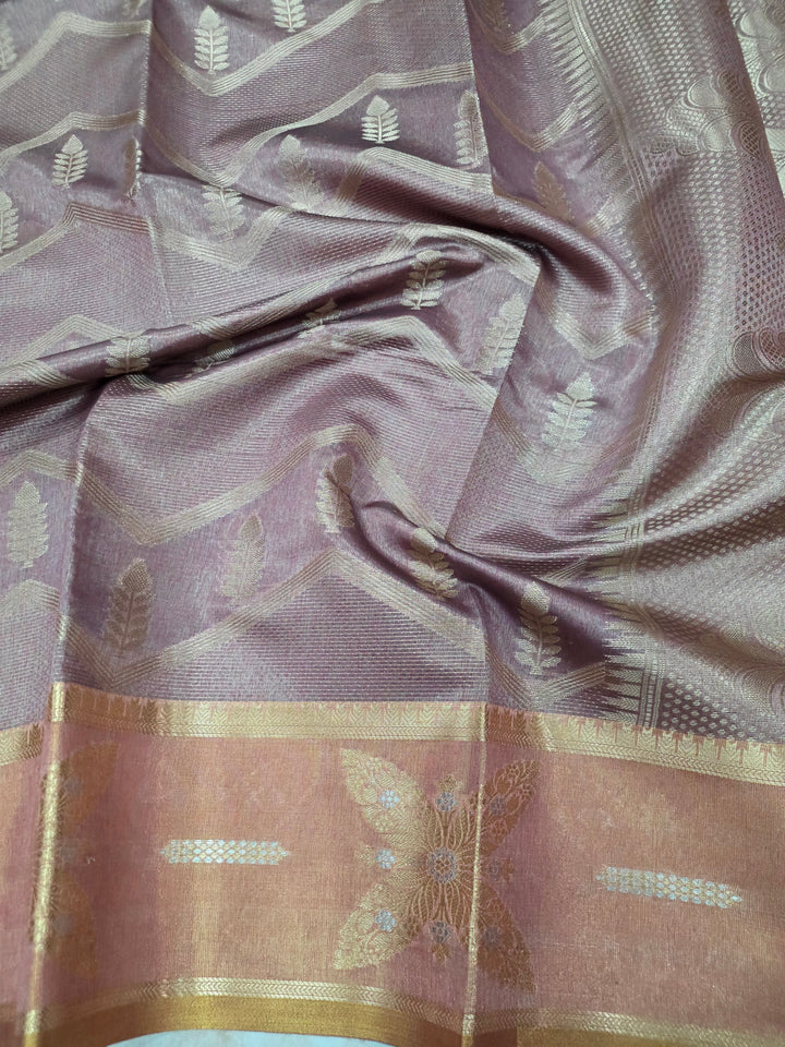 BANARASI SILK IN BROWN SHADE WITH GOLD ZARI WORK AND TISU BORDER