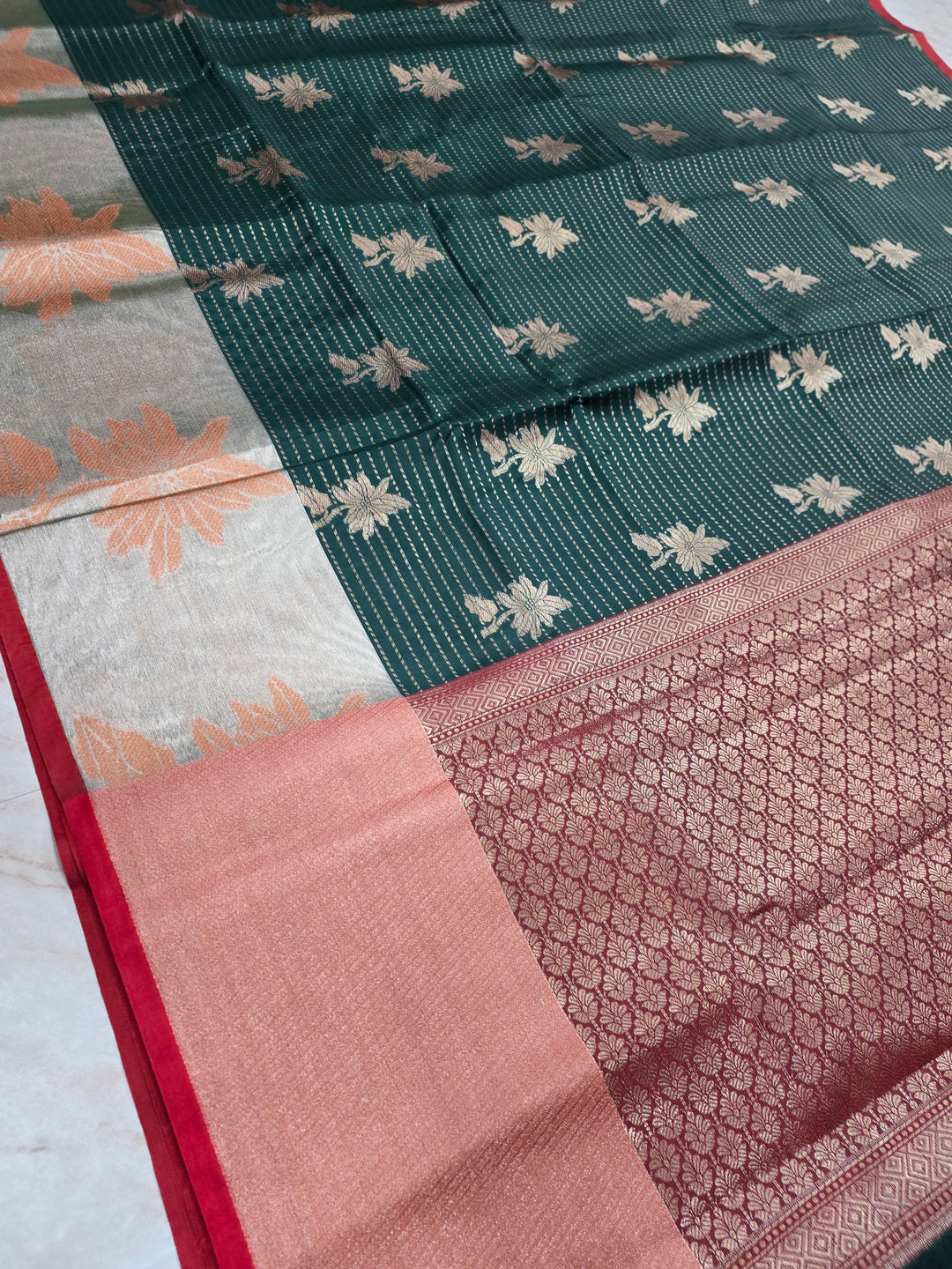 BANARASI SILK IN BOTTLE GREEN WITH TISU RED BORDER