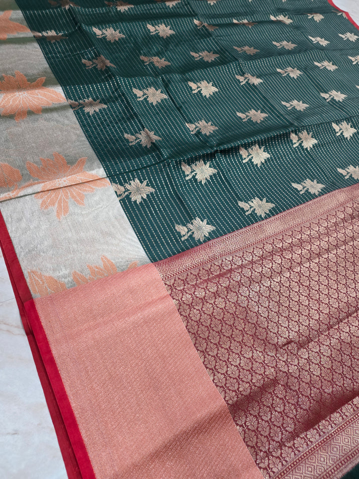 BANARASI SILK IN BOTTLE GREEN WITH TISU RED BORDER