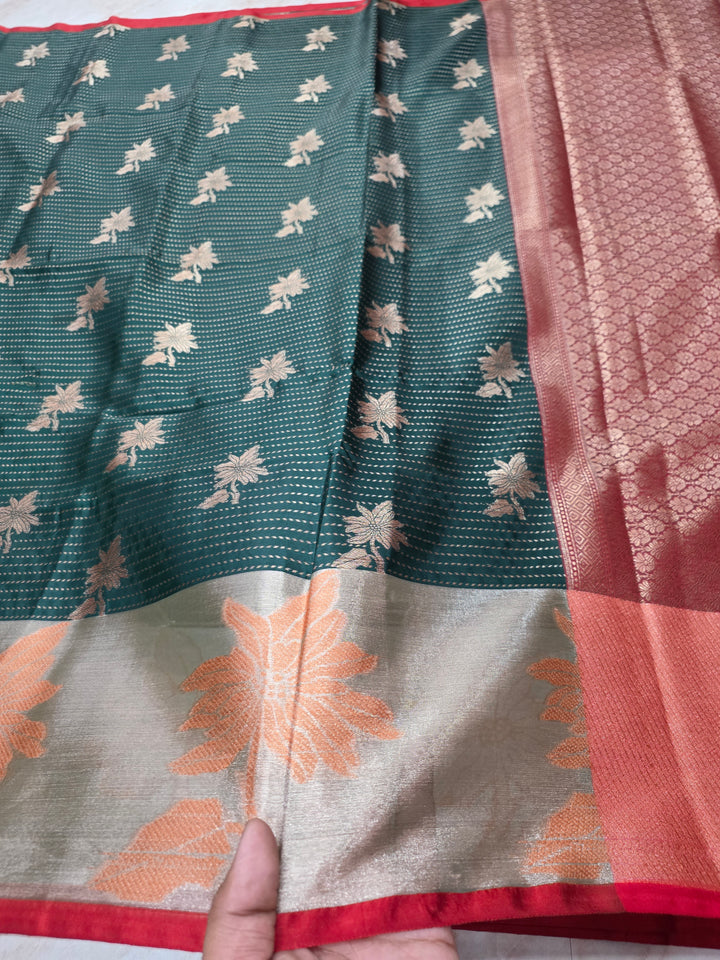 BANARASI SILK IN BOTTLE GREEN WITH TISU RED BORDER