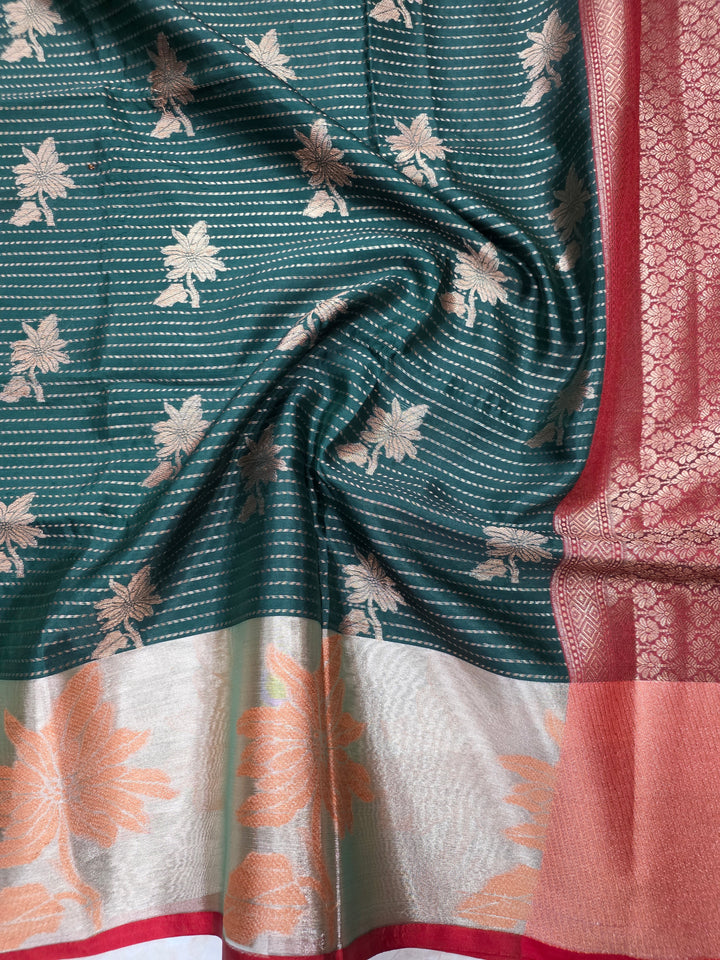 BANARASI SILK IN BOTTLE GREEN WITH TISU RED BORDER