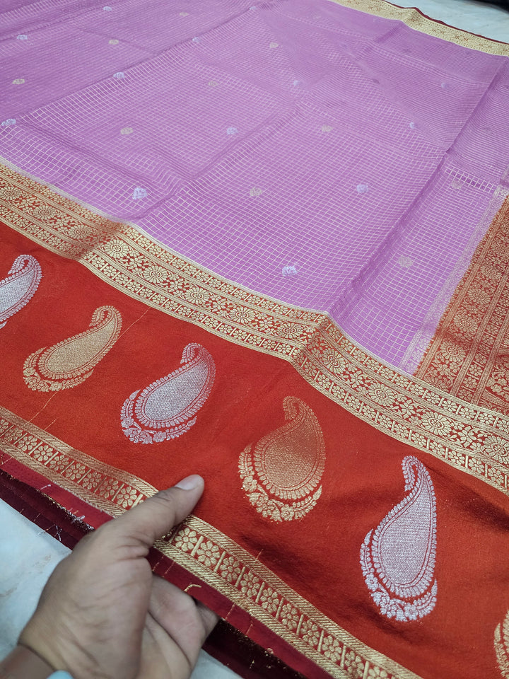 CREPE GEORGETTE IN LAVENDER WITH RED BORDER