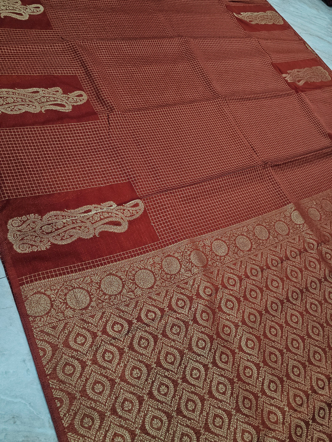 CREPE GEORGETTE IN GOLDEN EMBER WITH GOLD ZARI AND CHECKS