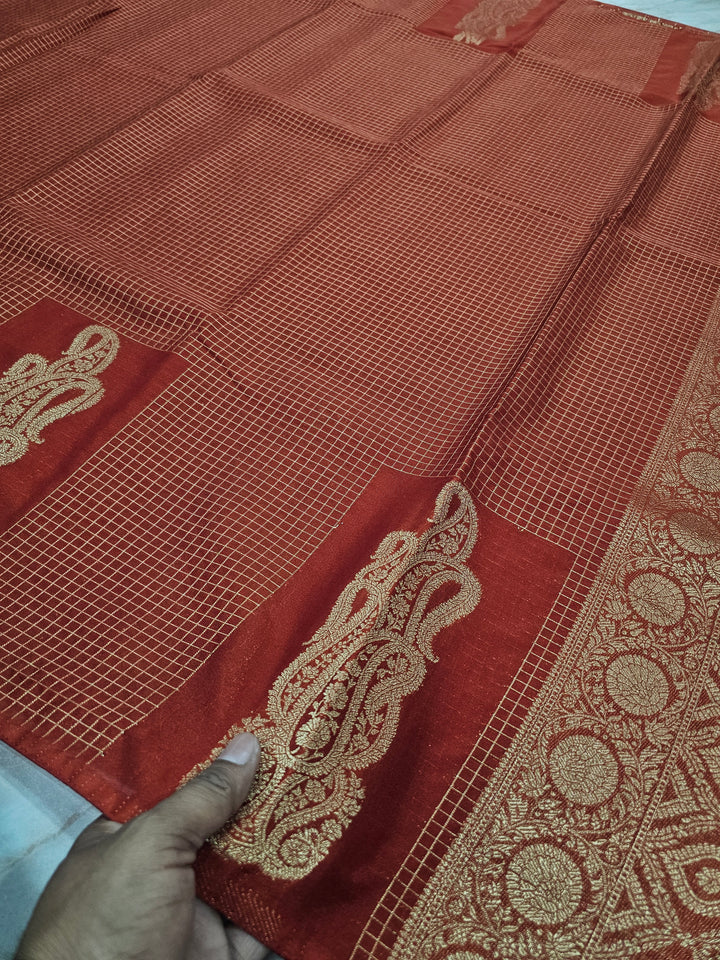 CREPE GEORGETTE IN GOLDEN EMBER WITH GOLD ZARI AND CHECKS