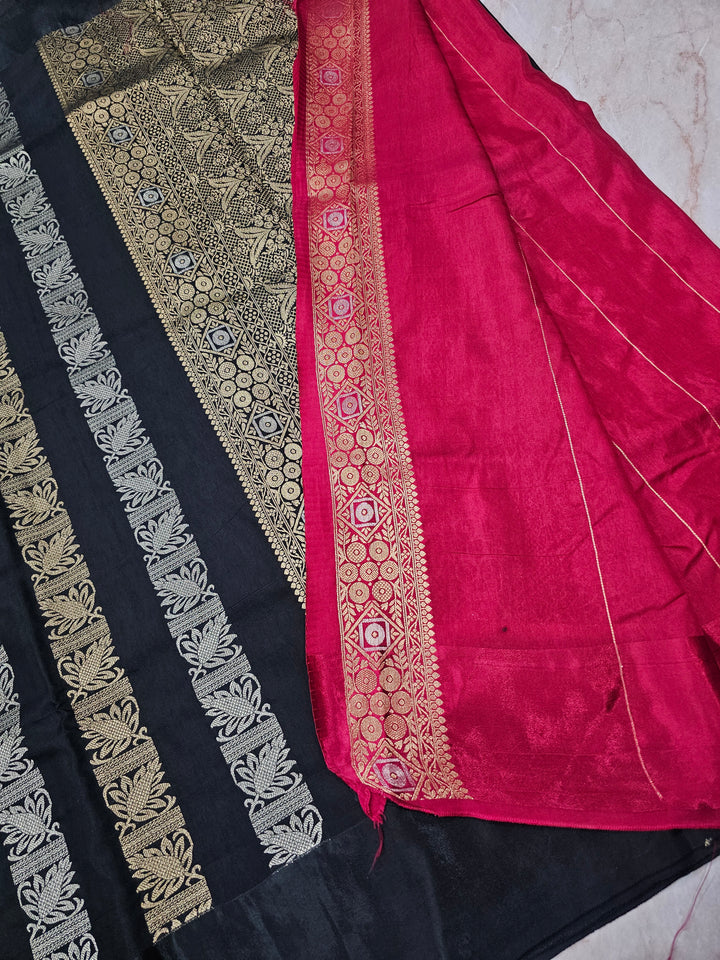 RUSSIAN SATIN SILK IN BLACK WITH GOLD SILVER ZARIWORK