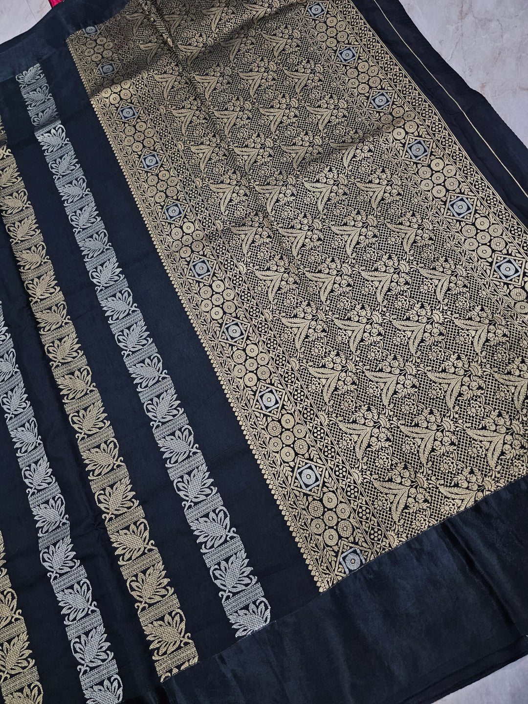 RUSSIAN SATIN SILK IN BLACK WITH GOLD SILVER ZARIWORK