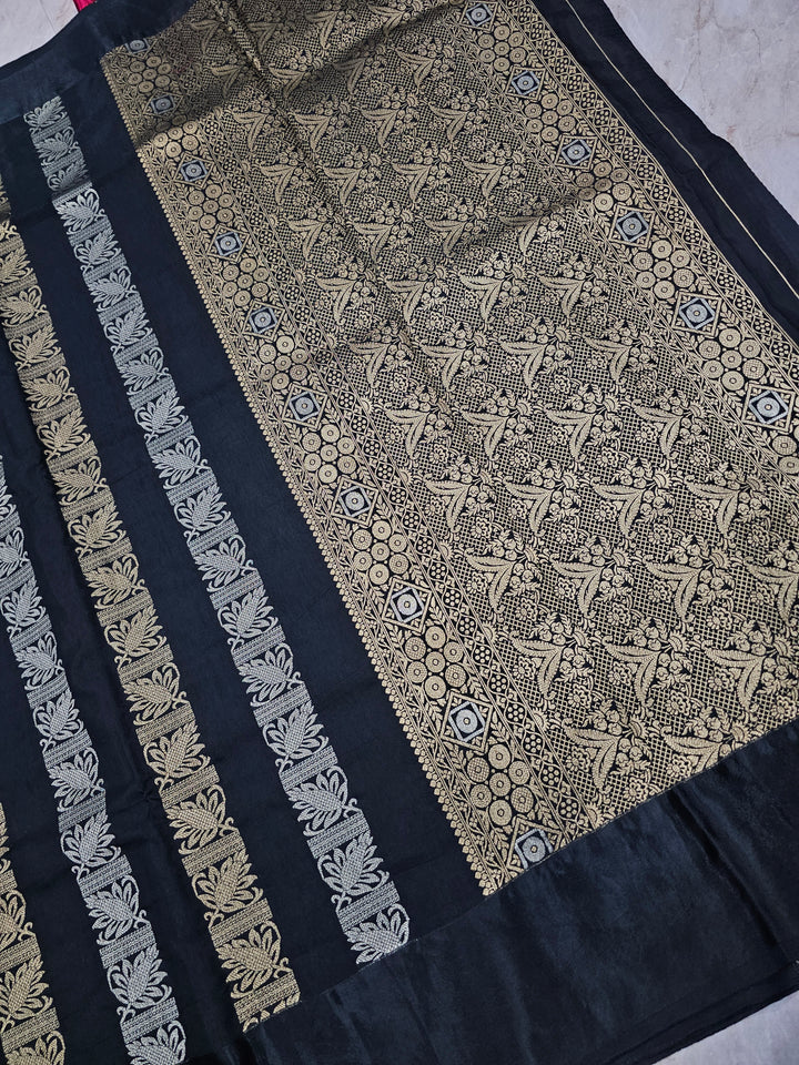 RUSSIAN SATIN SILK IN BLACK WITH GOLD SILVER ZARIWORK