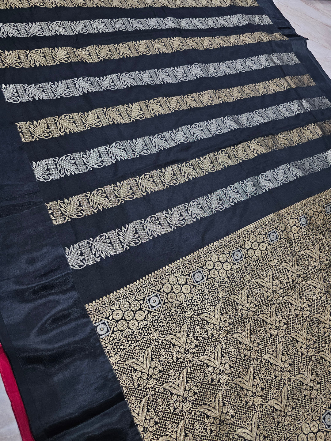 RUSSIAN SATIN SILK IN BLACK WITH GOLD SILVER ZARIWORK