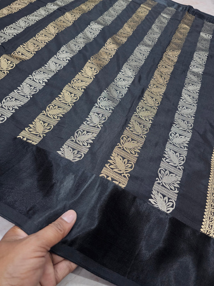 RUSSIAN SATIN SILK IN BLACK WITH GOLD SILVER ZARIWORK
