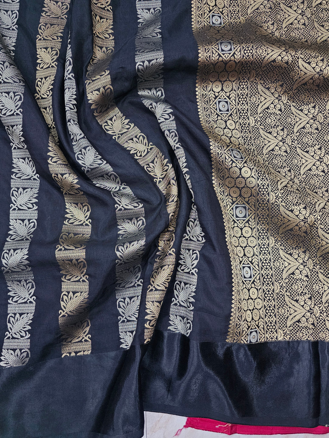 RUSSIAN SATIN SILK IN BLACK WITH GOLD SILVER ZARIWORK