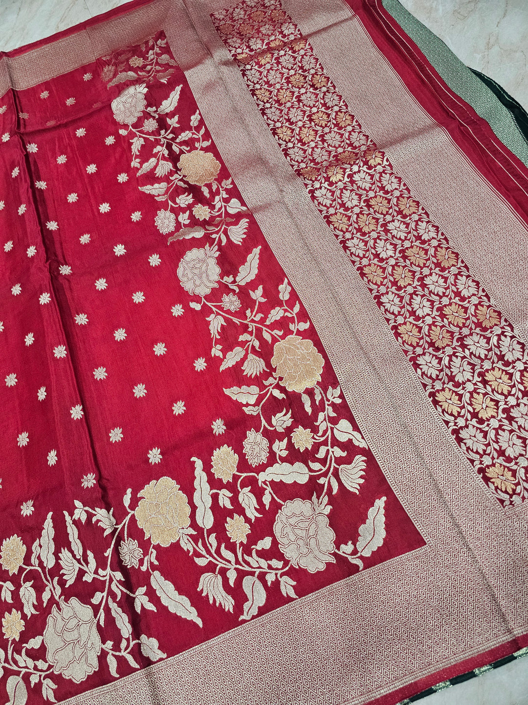 RUSSIAN SILK IN RED WITH ZARIWORK FLORAL BORDER