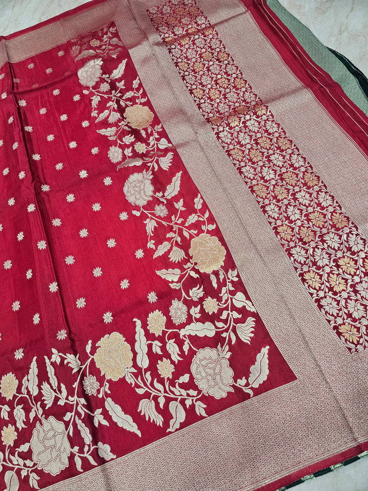 RUSSIAN SILK IN RED WITH ZARIWORK FLORAL BORDER