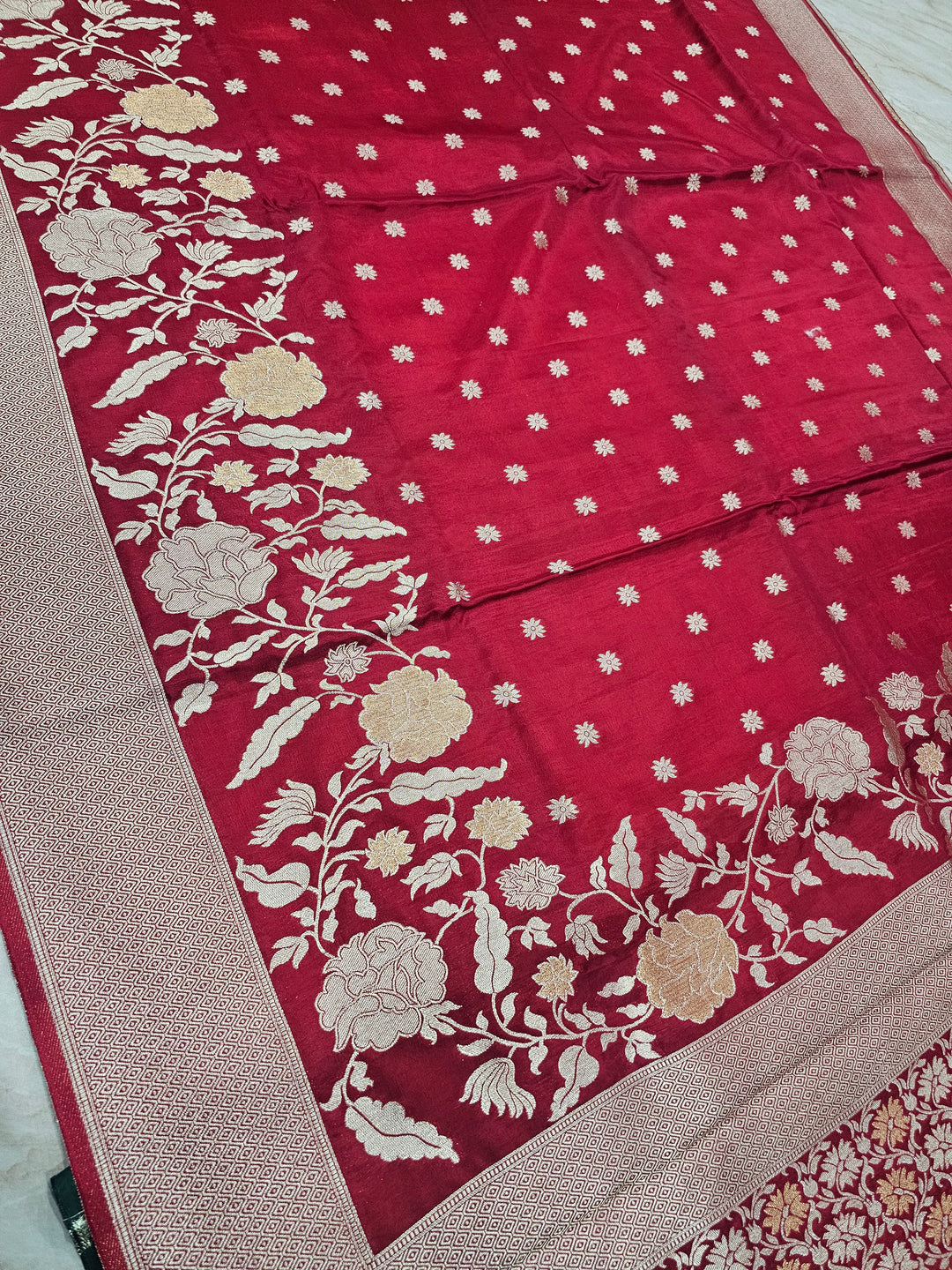 RUSSIAN SILK IN RED WITH ZARIWORK FLORAL BORDER