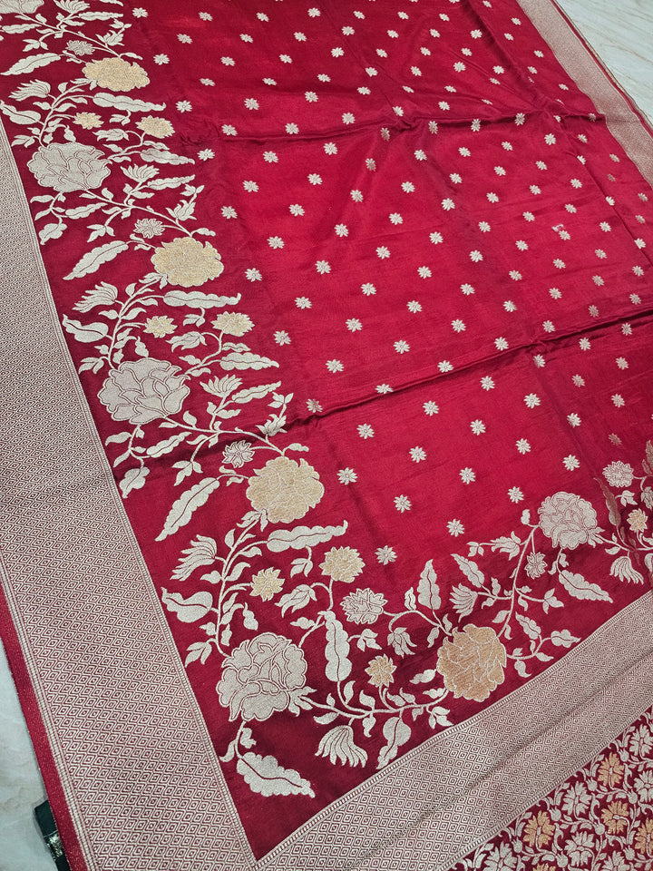 RUSSIAN SILK IN RED WITH ZARIWORK FLORAL BORDER