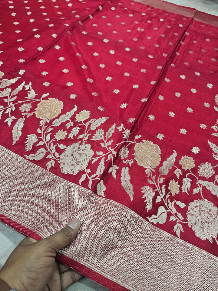 RUSSIAN SILK IN RED WITH ZARIWORK FLORAL BORDER