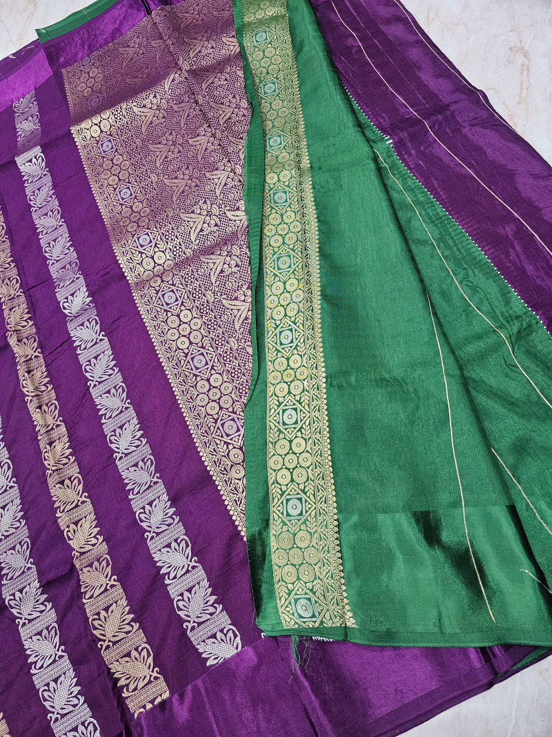 RUSSIAN SATIN SILK IN PURPLE WITH VERTICAL SILVER GOLD ZARIWORK
