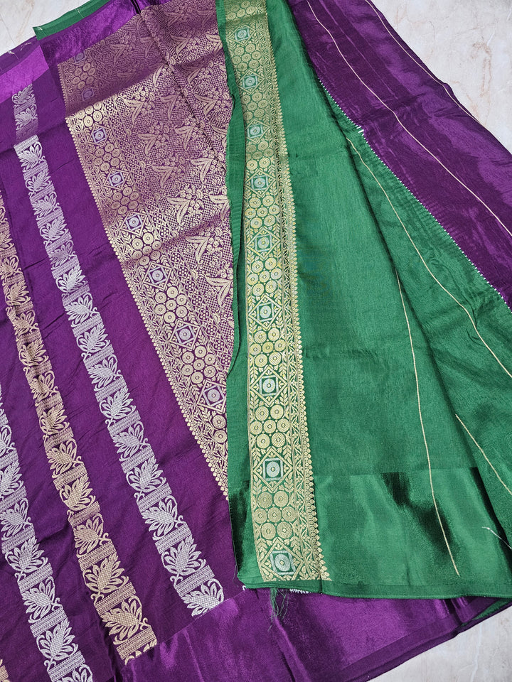 RUSSIAN SATIN SILK IN PURPLE WITH VERTICAL SILVER GOLD ZARIWORK