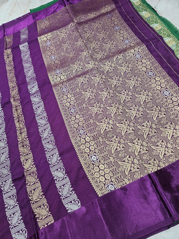 RUSSIAN SATIN SILK IN PURPLE WITH VERTICAL SILVER GOLD ZARIWORK