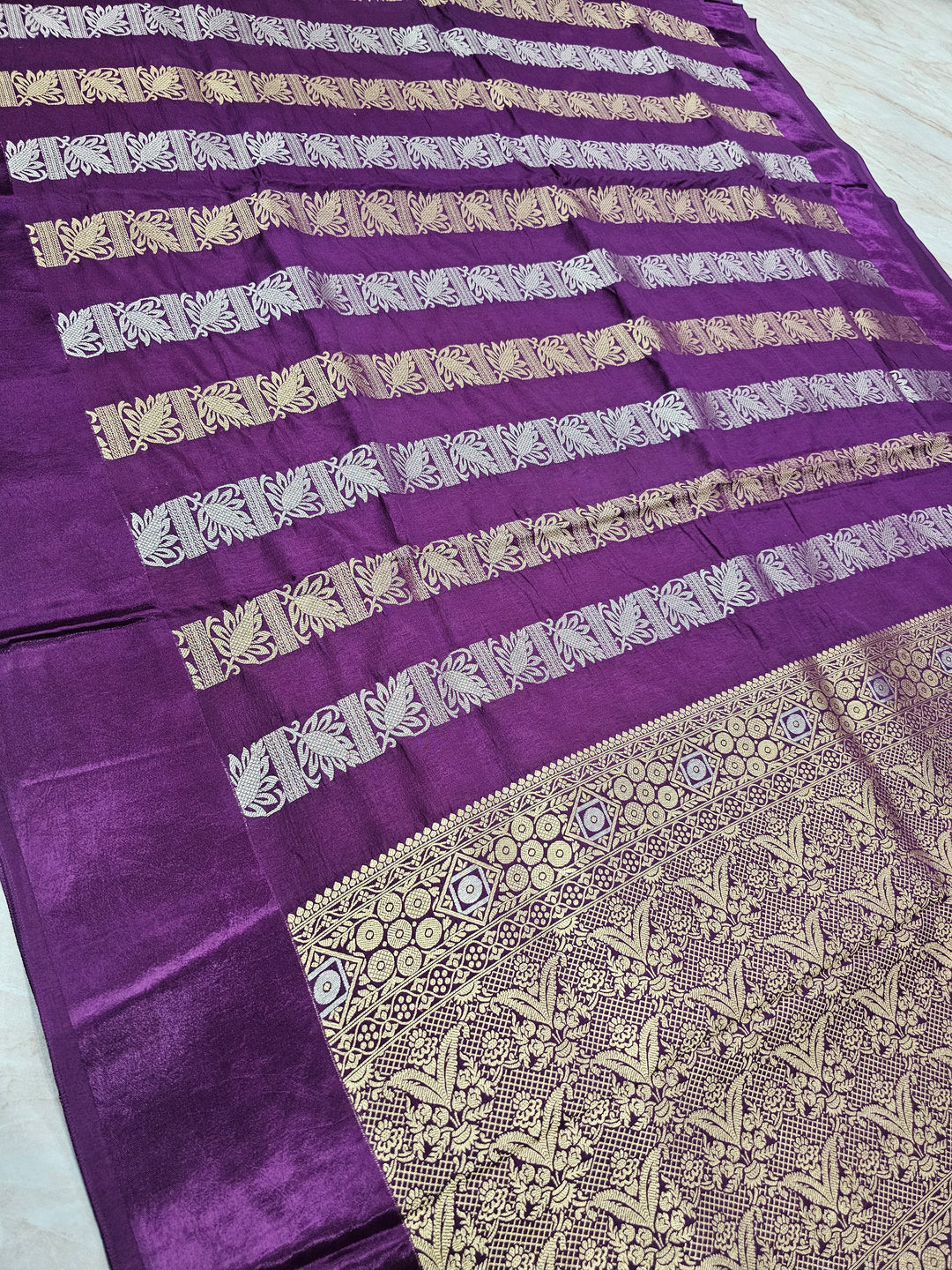 RUSSIAN SATIN SILK IN PURPLE WITH VERTICAL SILVER GOLD ZARIWORK