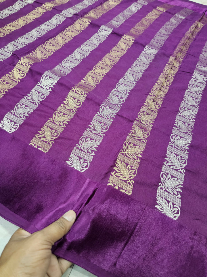 RUSSIAN SATIN SILK IN PURPLE WITH VERTICAL SILVER GOLD ZARIWORK