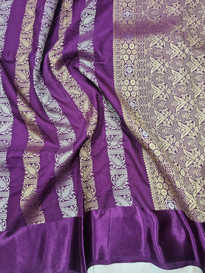 RUSSIAN SATIN SILK IN PURPLE WITH VERTICAL SILVER GOLD ZARIWORK
