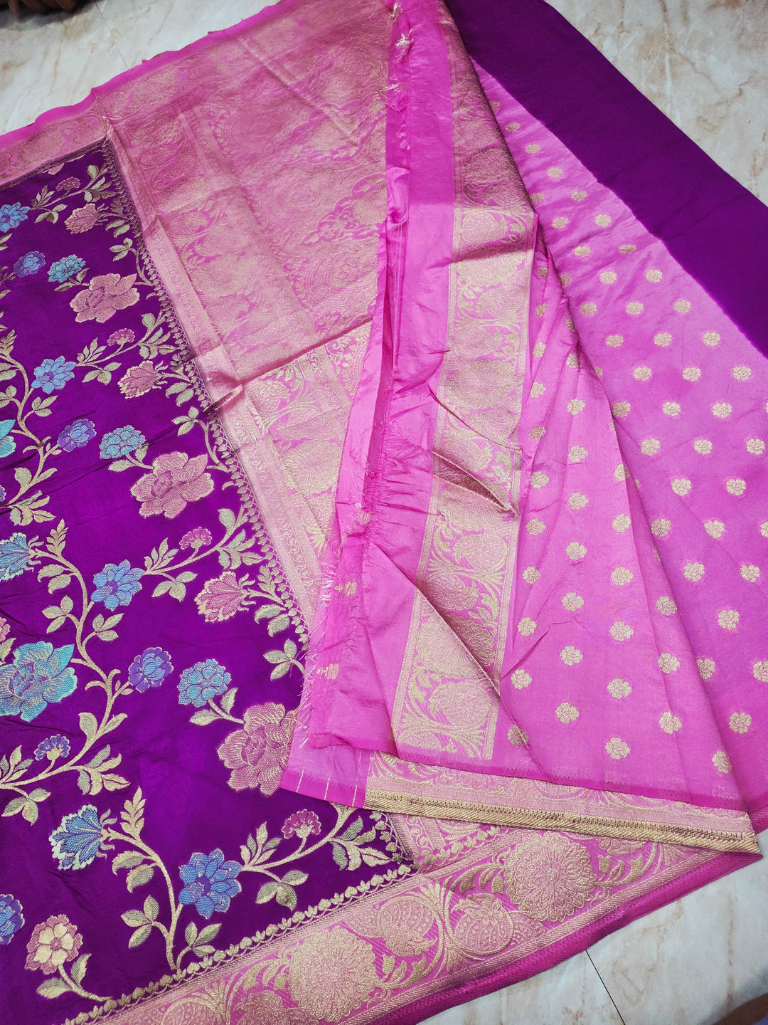 RUSSIAN SILK IN PURPLE WITH BABY PINK BORDER