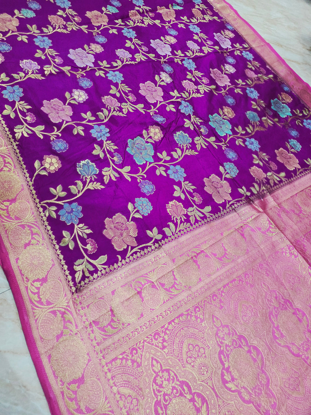 RUSSIAN SILK IN PURPLE WITH BABY PINK BORDER