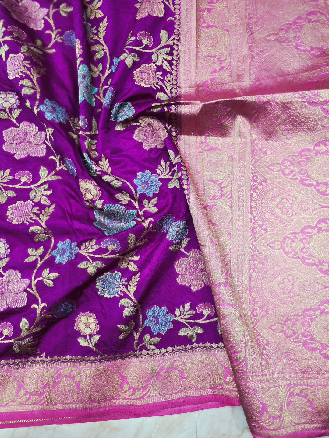 RUSSIAN SILK IN PURPLE WITH BABY PINK BORDER