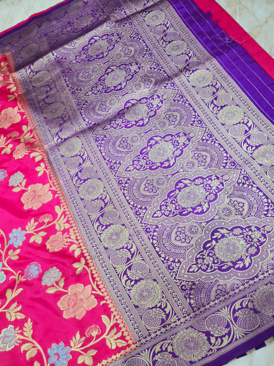 RUSSIAN SILK IN RANI WITH ROYAL BLUE BORDER