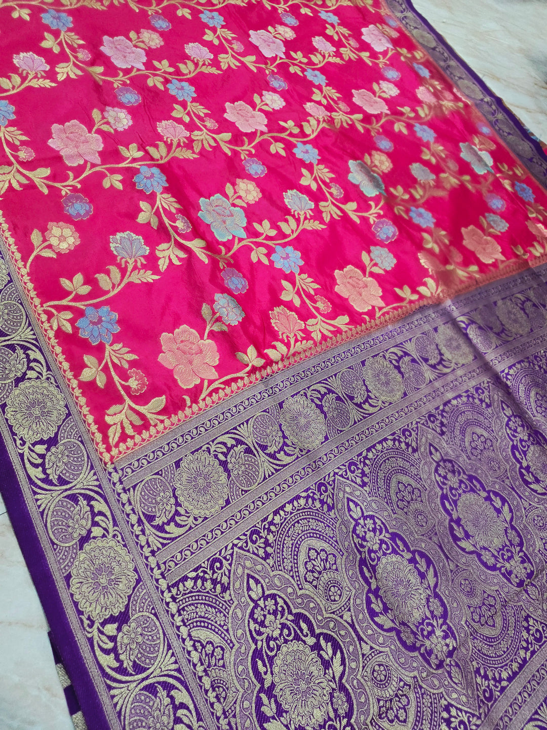 RUSSIAN SILK IN RANI WITH ROYAL BLUE BORDER