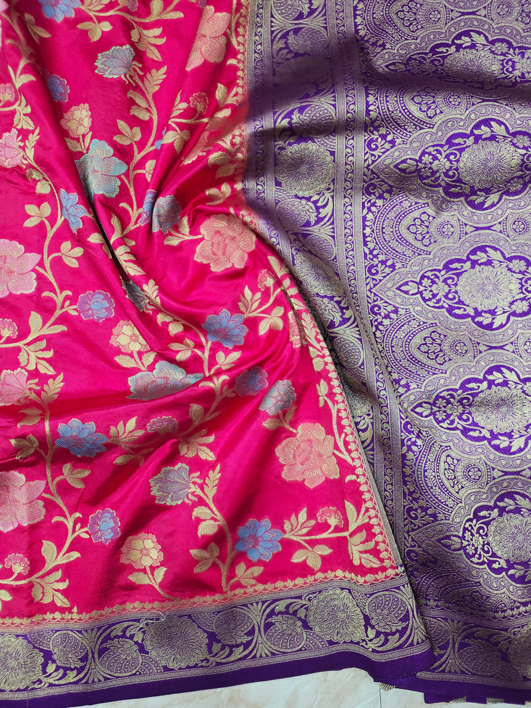 RUSSIAN SILK IN RANI WITH ROYAL BLUE BORDER