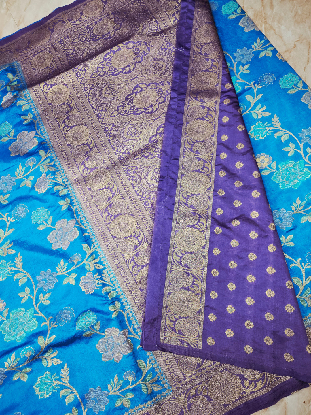 RUSSIAN SILK IN FEROZI BLUE WITH ROYAL BLUE BORDER