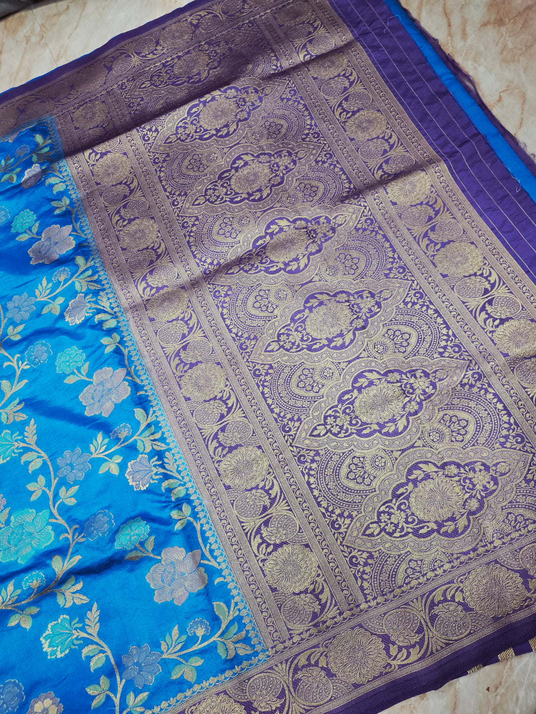 RUSSIAN SILK IN FEROZI BLUE WITH ROYAL BLUE BORDER