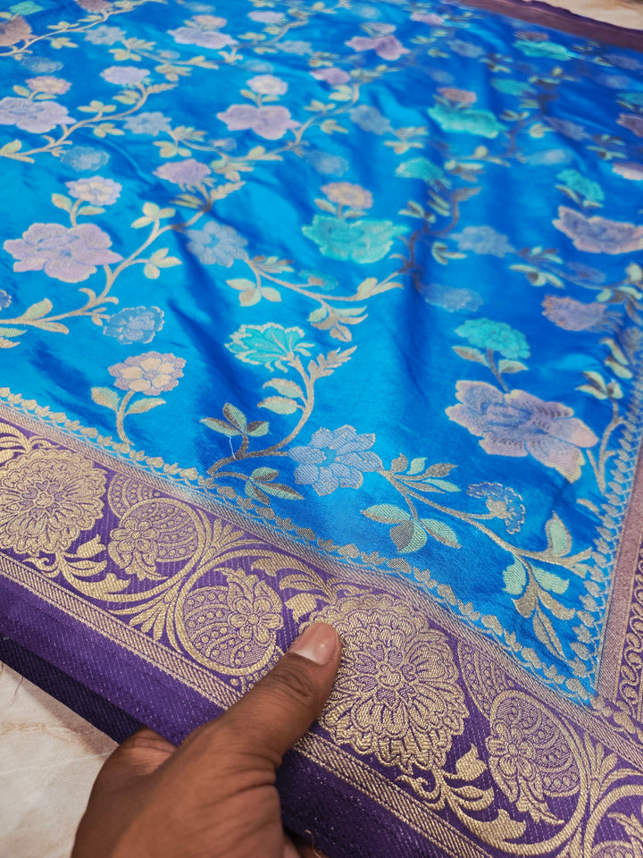RUSSIAN SILK IN FEROZI BLUE WITH ROYAL BLUE BORDER
