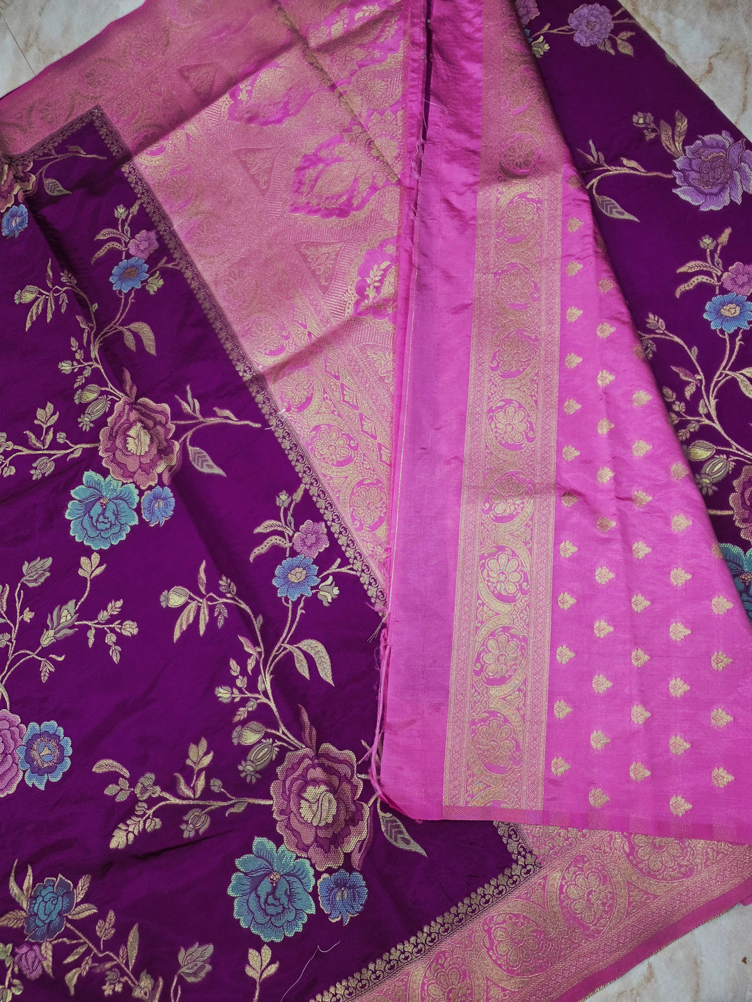 RUSSIAN SILK IN DEEP PURPLE WITH PINK BORDER